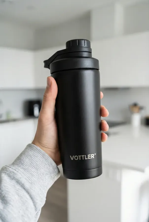 Чёрный шейкер VOTTLER в руке на кухне